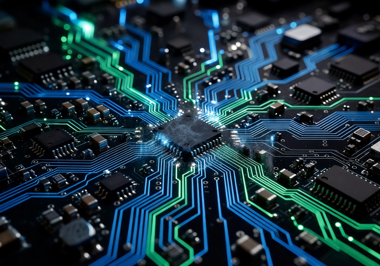 Close up of a glowing digital interface or circuit board