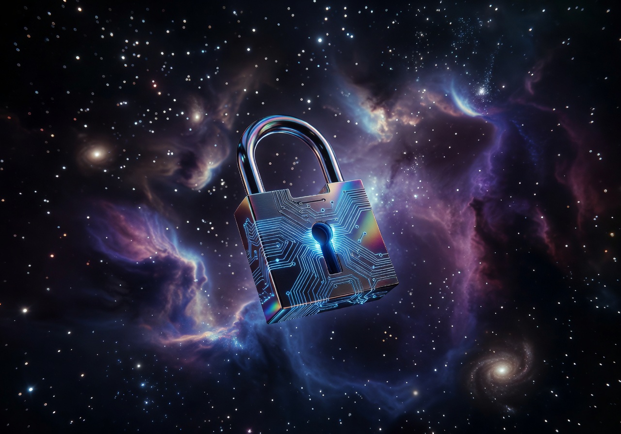Cyber security digital padlock floating in a cosmic background