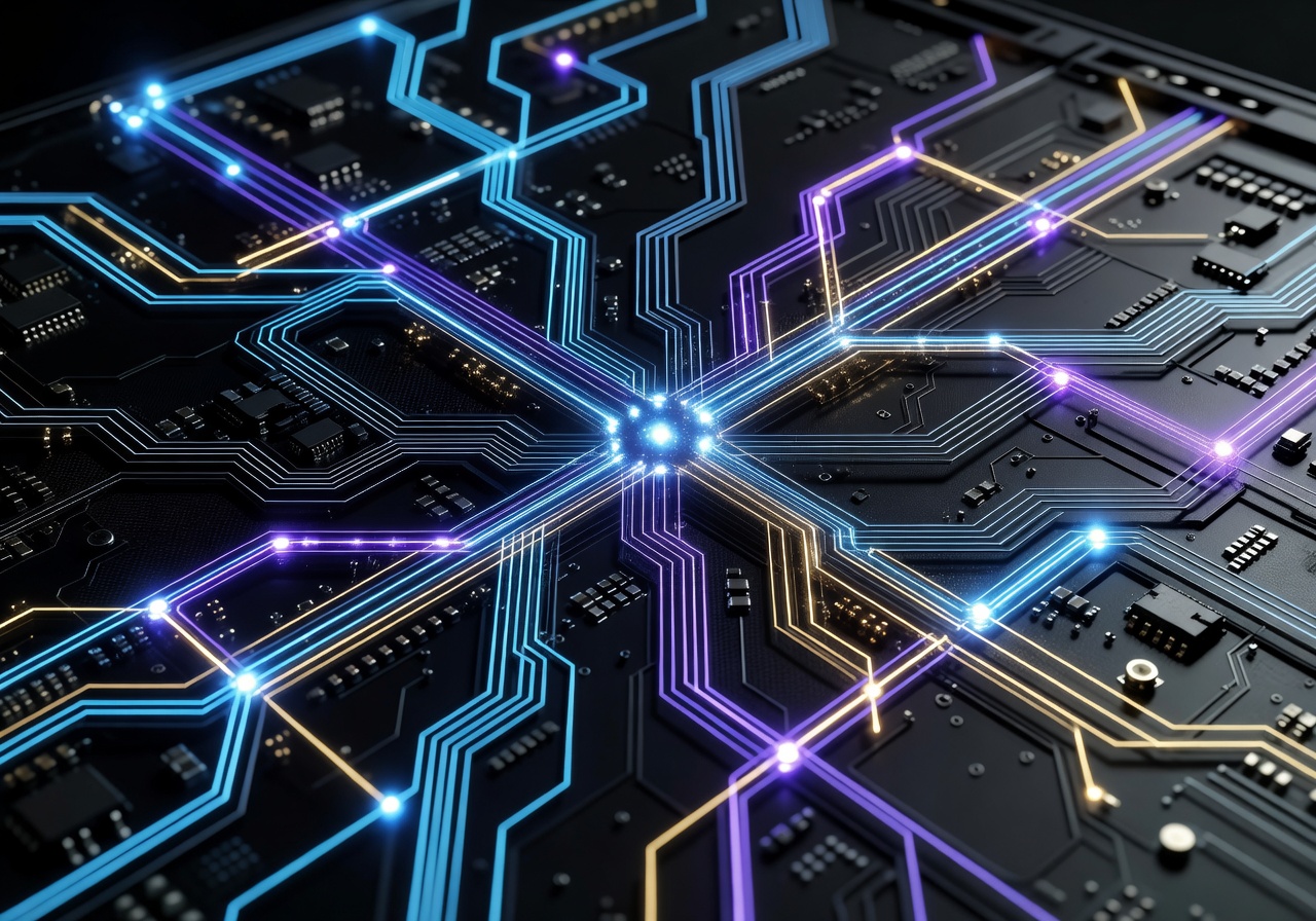 Futuristic glowing circuit board layout representing structured gameplay